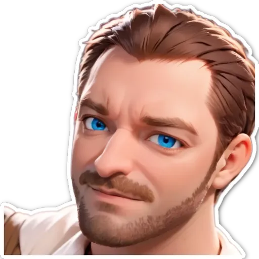 A cartoonish drawing of a man with blue eyes and a mustache.