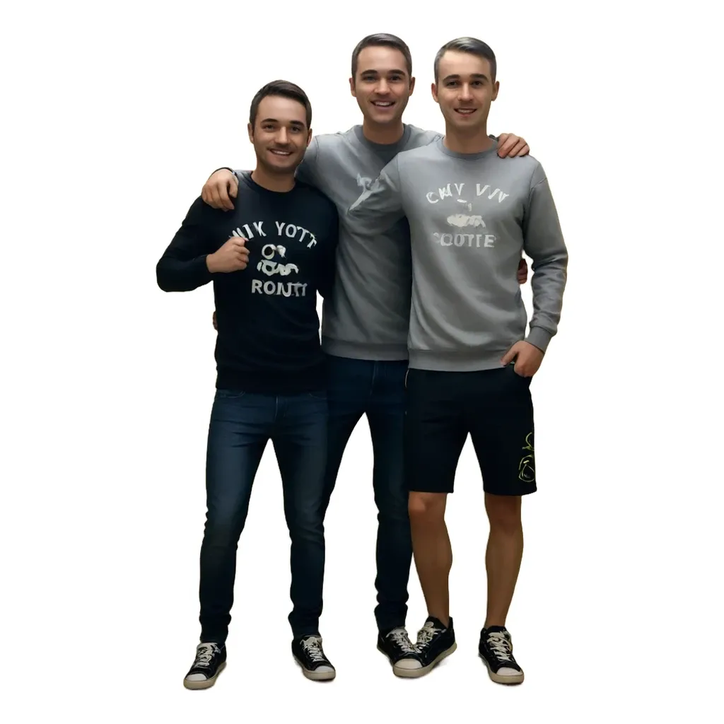 Three men wearing the same shirts that say chyun ronti on them.