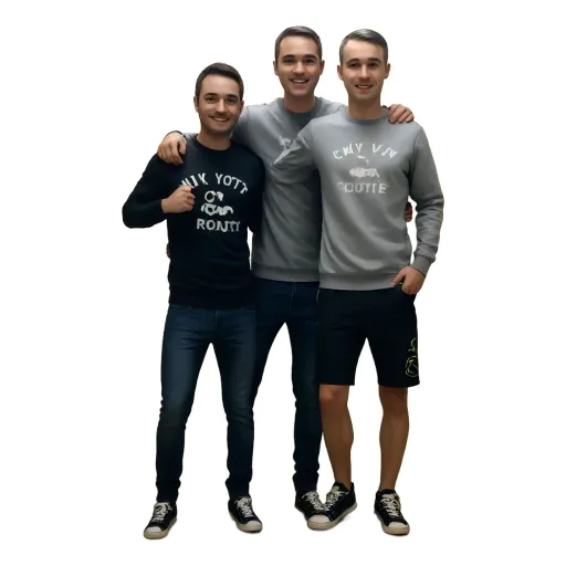 Three men wearing the same shirts that say chyun ronti on them.