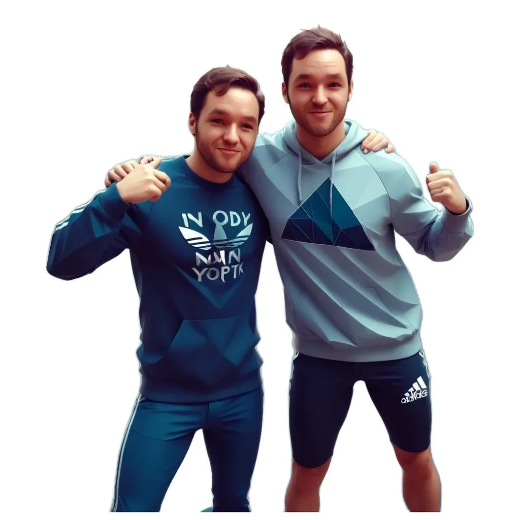 Two men wearing blue adidas sweatpants and a blue adidas shirt standing next to each other.