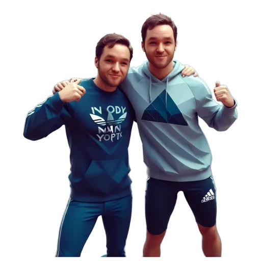 Two men wearing blue adidas sweatpants and a blue adidas shirt standing next to each other.