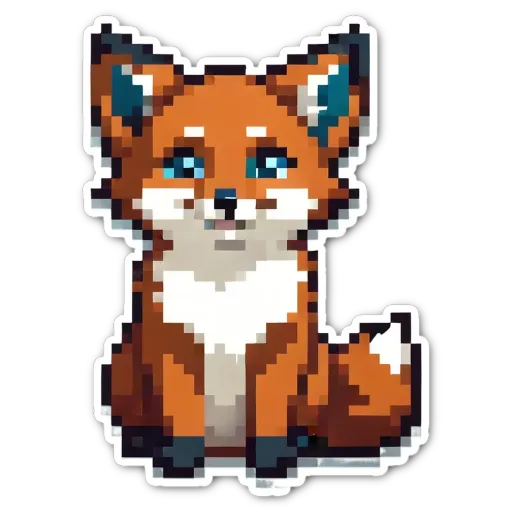 An orange digital fox with blue eyes is sitting on a black background.