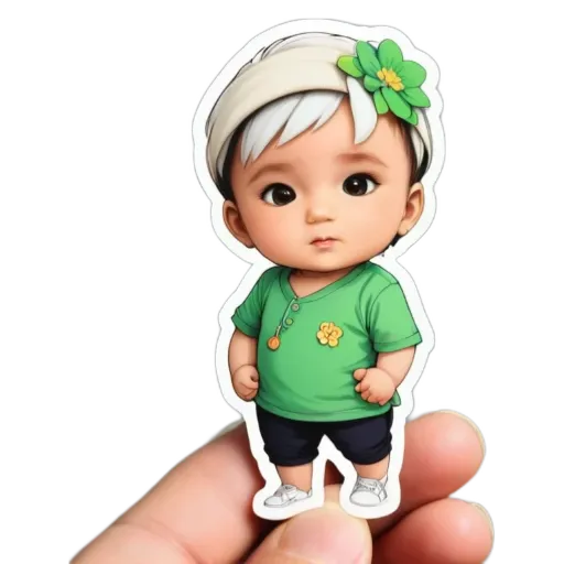 A green colored cartoon boy holding his hand up with a heart on a sticker.