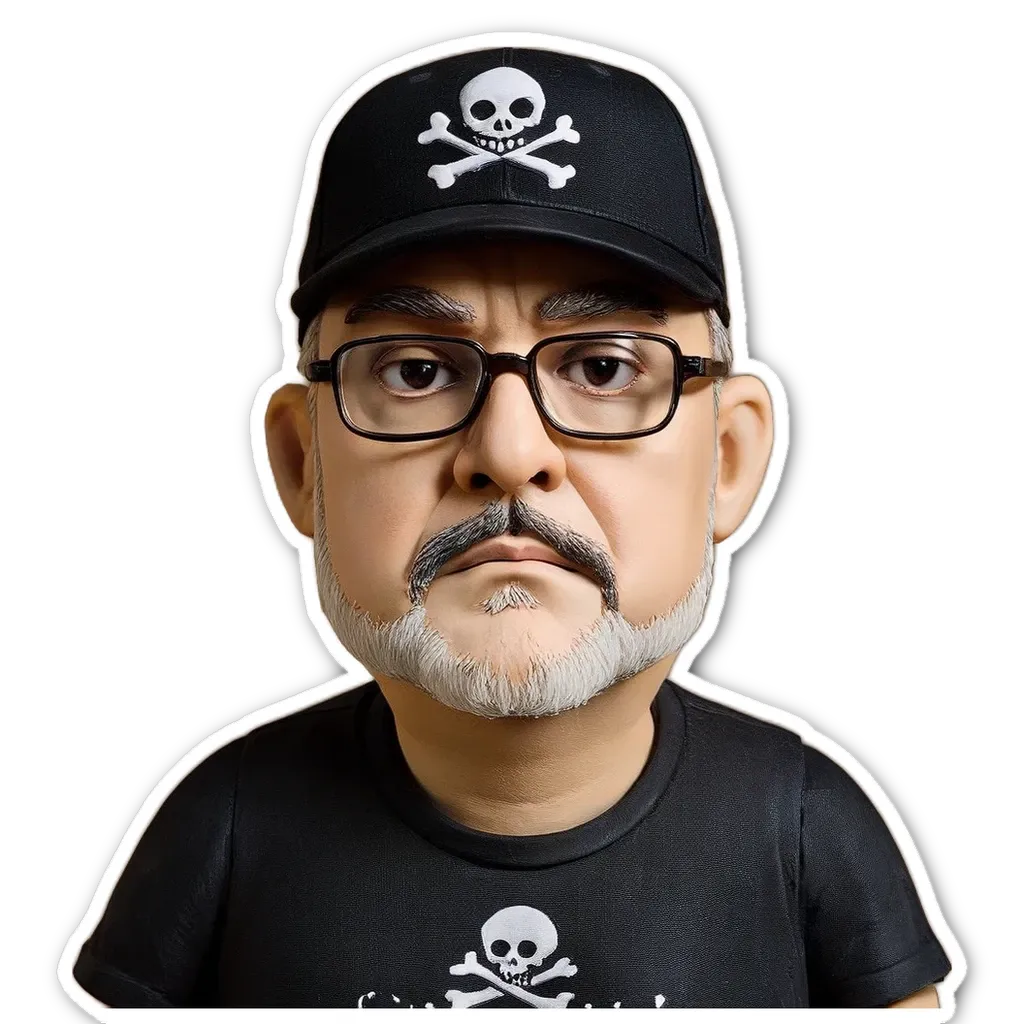 A plastic skull is on the front of a man's black shirt.
