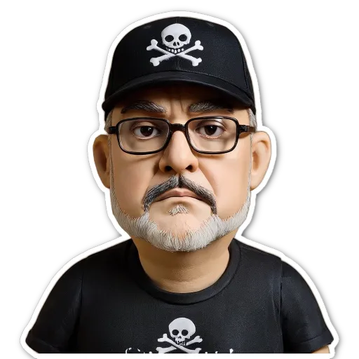 A plastic skull is on the front of a man's black shirt.