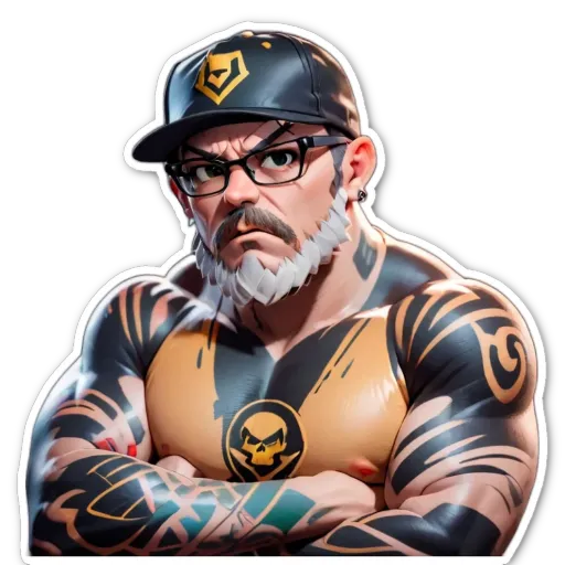 A man with a large tattooed chest and glasses standing with his arms crossed.