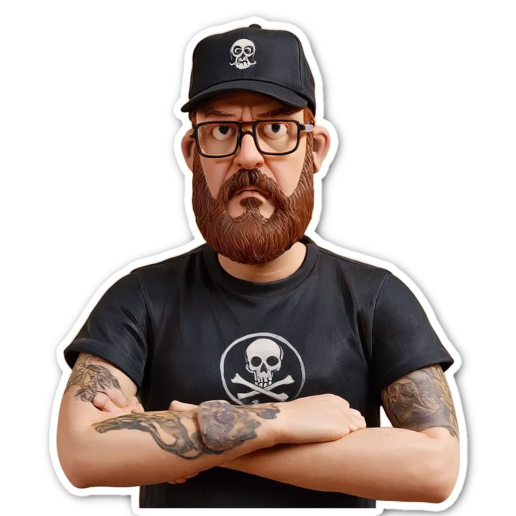 A man with a black shirt and two large skulls on either side of the middle one.
