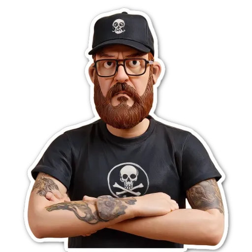 A man with a black shirt and two large skulls on either side of the middle one.