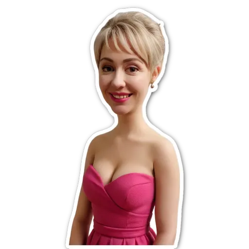 A woman with a short haircut and a pink dress.