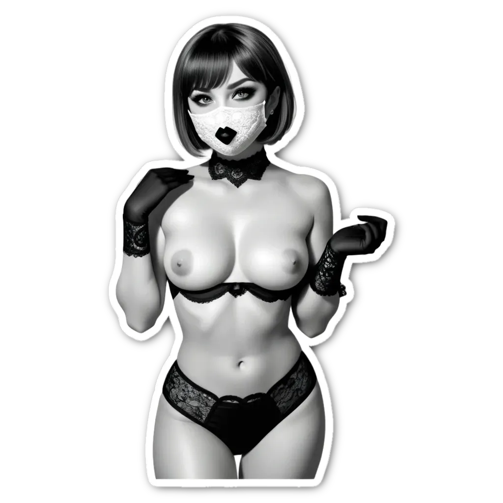 A sticker of a woman with a mask and lacy underwear.