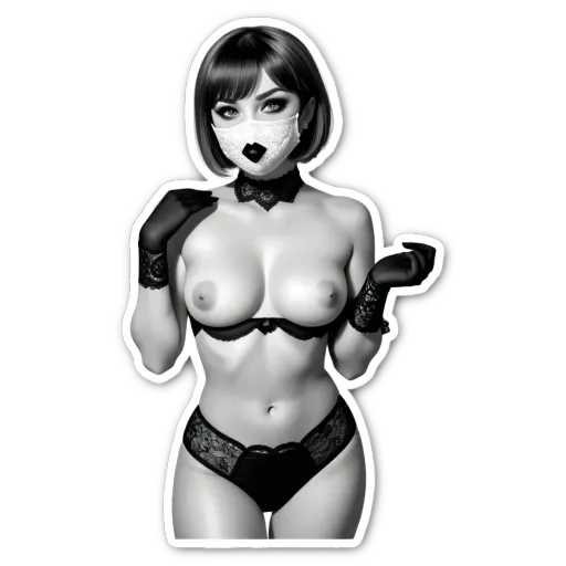 A sticker of a woman with a mask and lacy underwear.