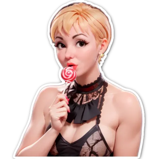 A woman with a lollipop in her mouth is wearing a black dress.