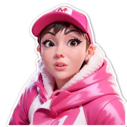 A girl wearing a pink jacket and a hat with the letter M on it.