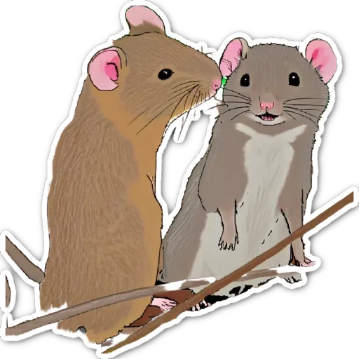 Two cartoon mice are sitting on a branch.