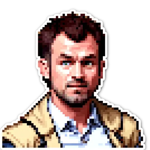 A man's face is displayed in a lot of small squares, each one a different color.