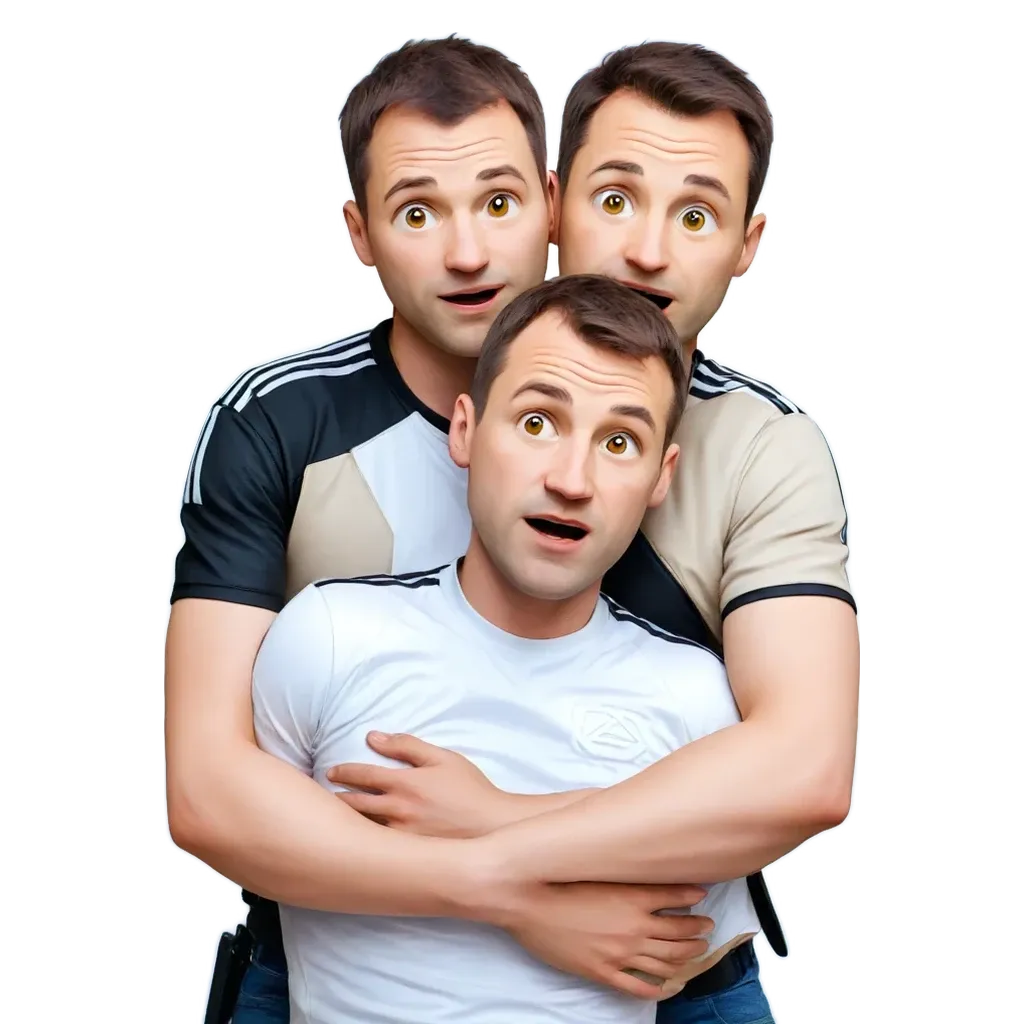 Three men in funny expressions are hugging each other.