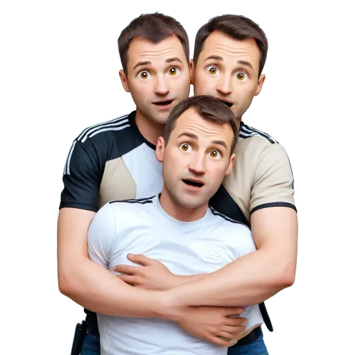 Three men in funny expressions are hugging each other.