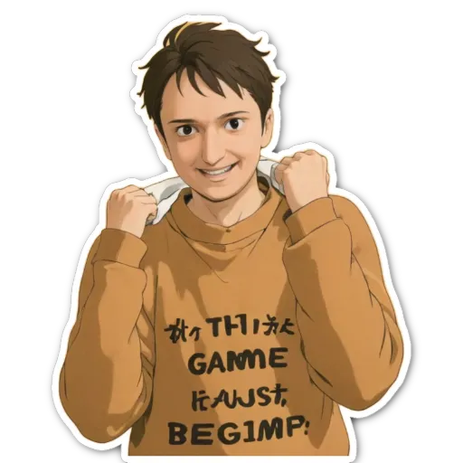 A boy wearing a brown sweater that says "This game is just beginning".