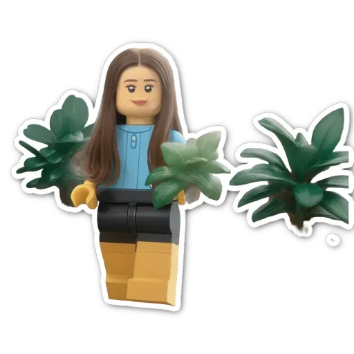 A girl made of legos holding plants her whole body.