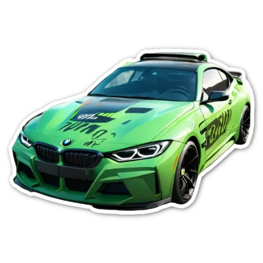 A green car with a sticker that says 'fornay' on it.