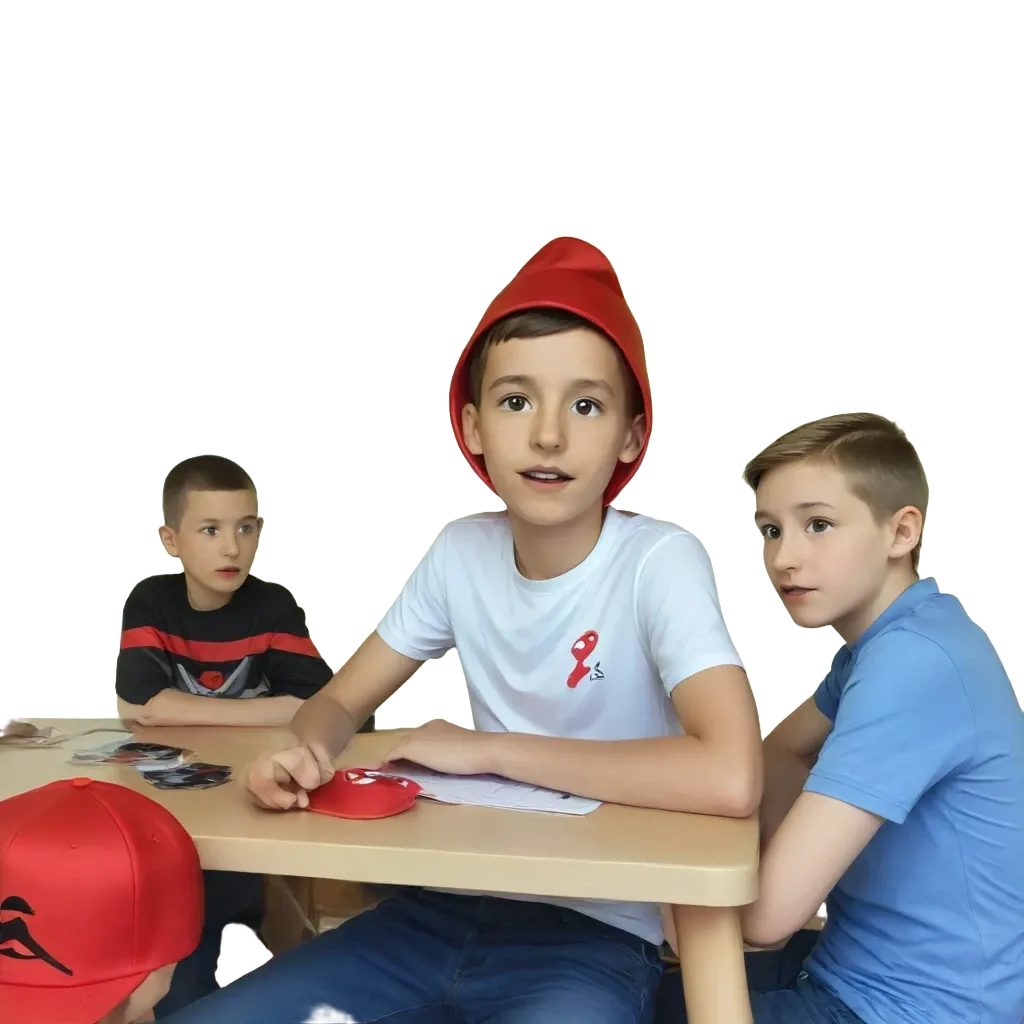 A boy wearing a red hat is sitting at a table with other boys.