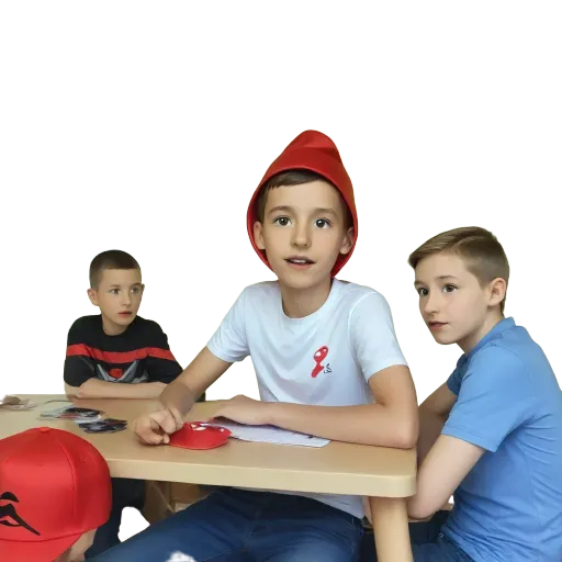 A boy wearing a red hat is sitting at a table with other boys.