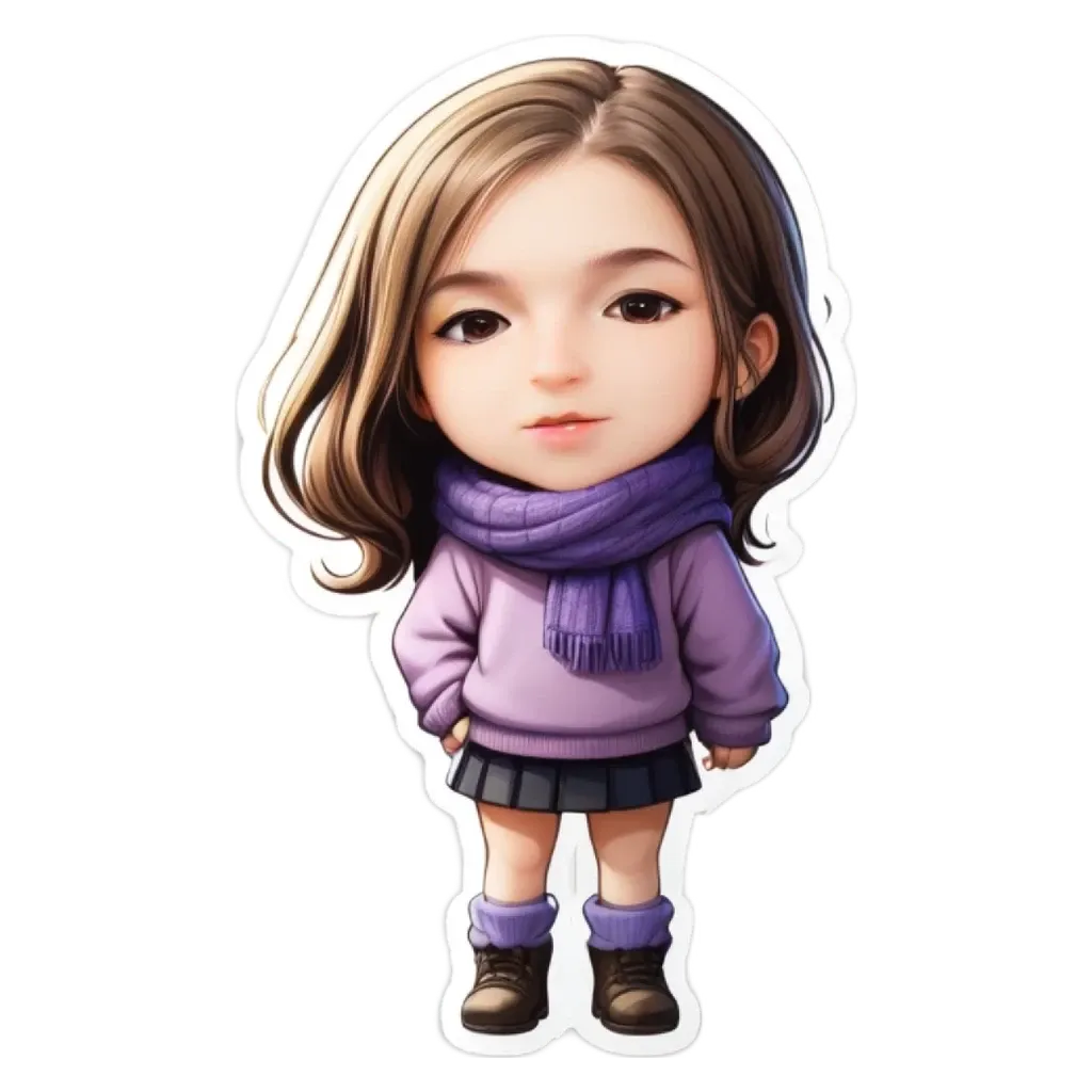 A cartoon girl wearing a purple sweater and a blue scarf.