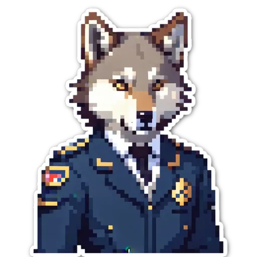 A sticker of a police dog wearing a uniform and a tie.