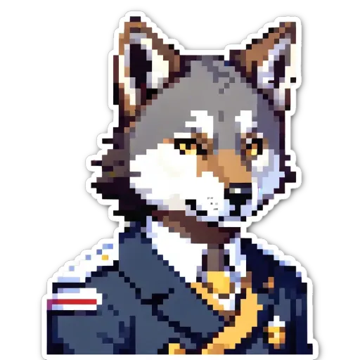 A dog in a human's uniform is wearing a tie and has a sticker on its face.