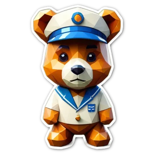 A bear wearing a blue and white jacket is standing on a black background.