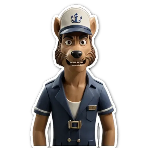 A sticker of a cartoon dog in a hat with the words "n anchor" on the front.