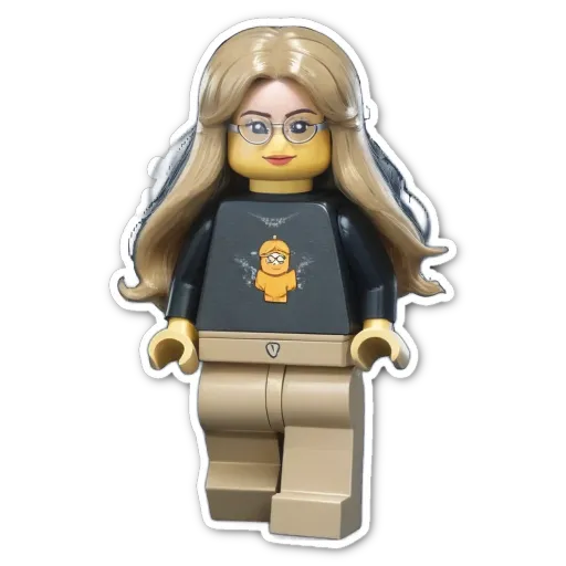 A plastic lego person wearing glasses and a black shirt with a yellow circle on it.