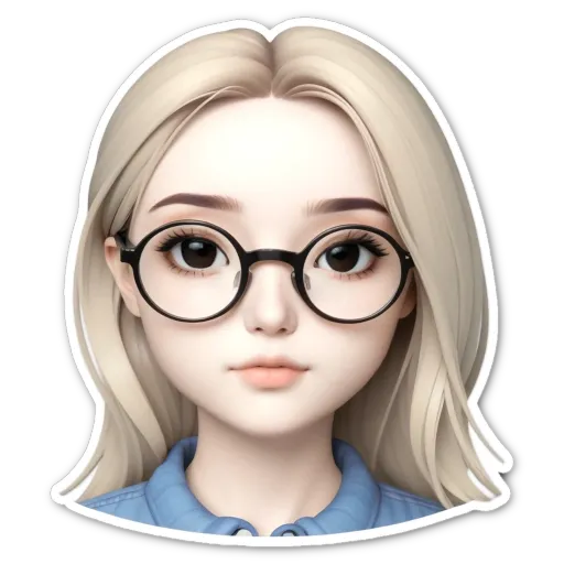 A girl wearing glasses on a sticker of her face.