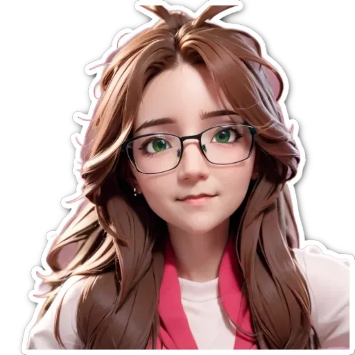 A girl wearing glasses that is completely animated.