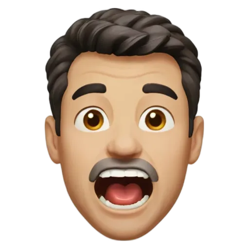 A man's face with a mustache and eyes wide open.