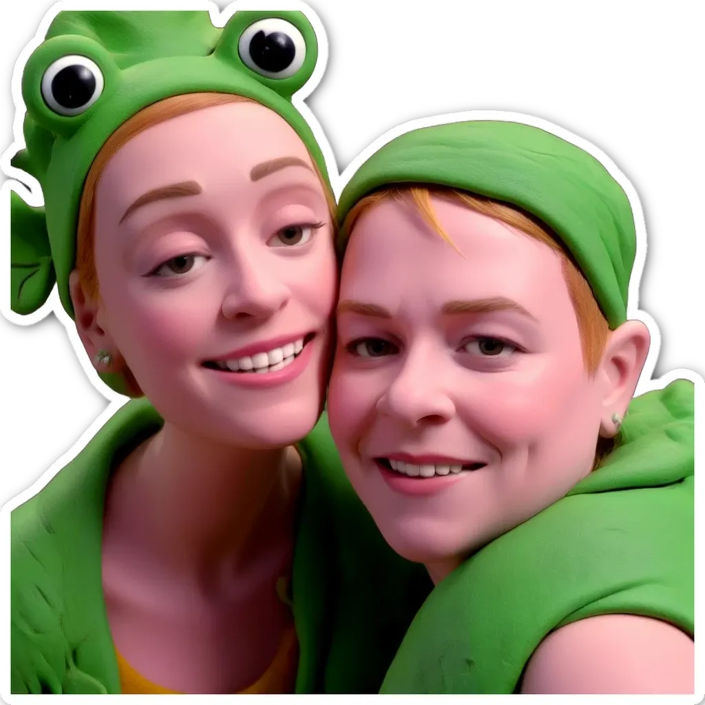 Two girls wearing frog faces and green cloth.