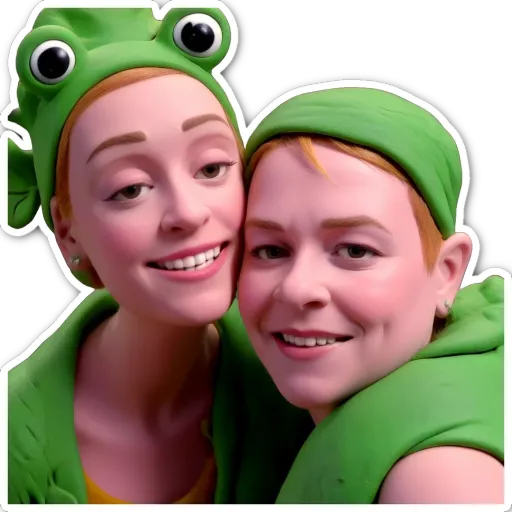 Two girls wearing frog faces and green cloth.