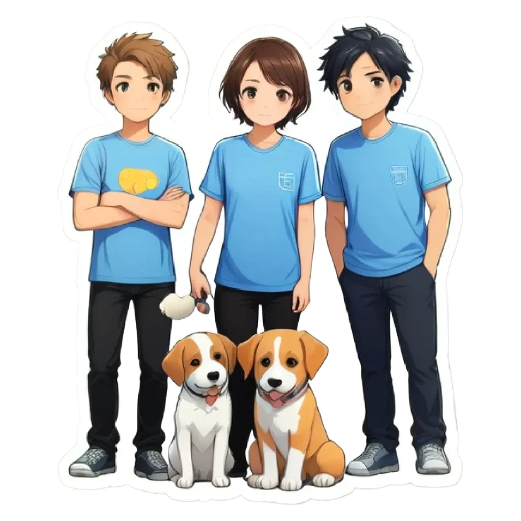 Three people and two dogs are standing together in a picture.
