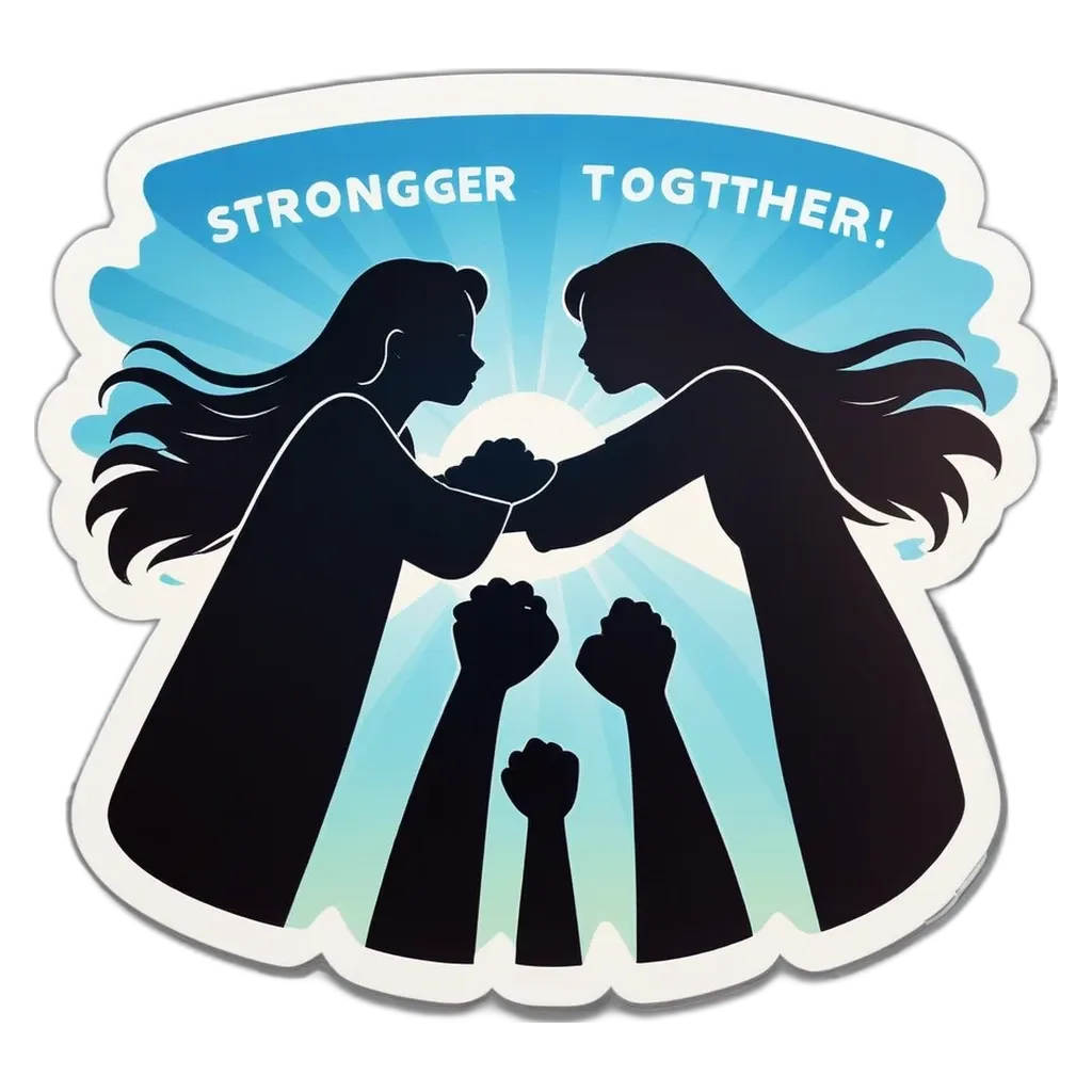A woman and a woman hugging, the wordStrongerTogether is written.