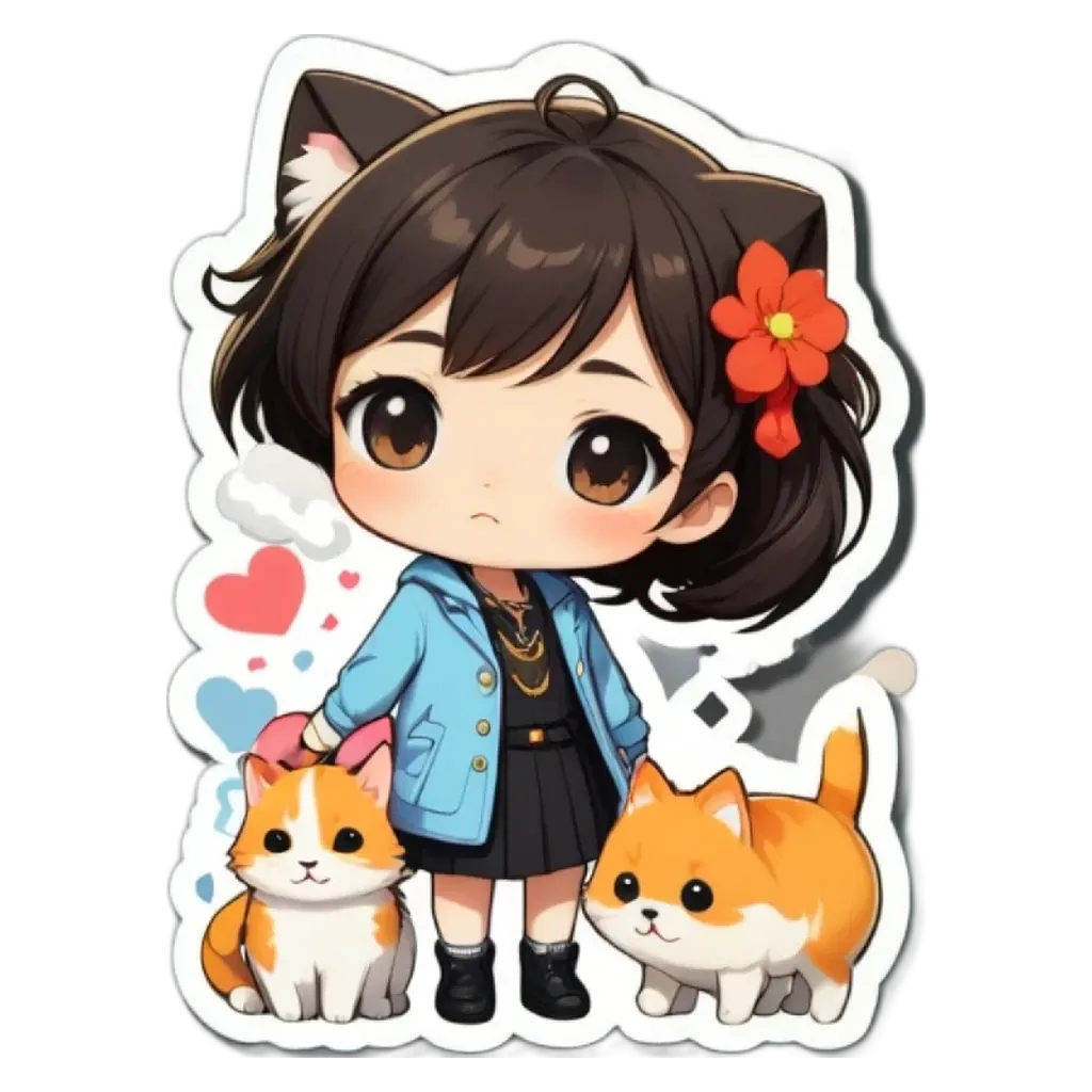 A girl is standing with her cats and a heart shaped item.