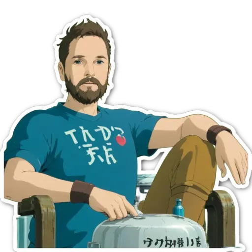 A man with a blue shirt that has the letters tad on it.