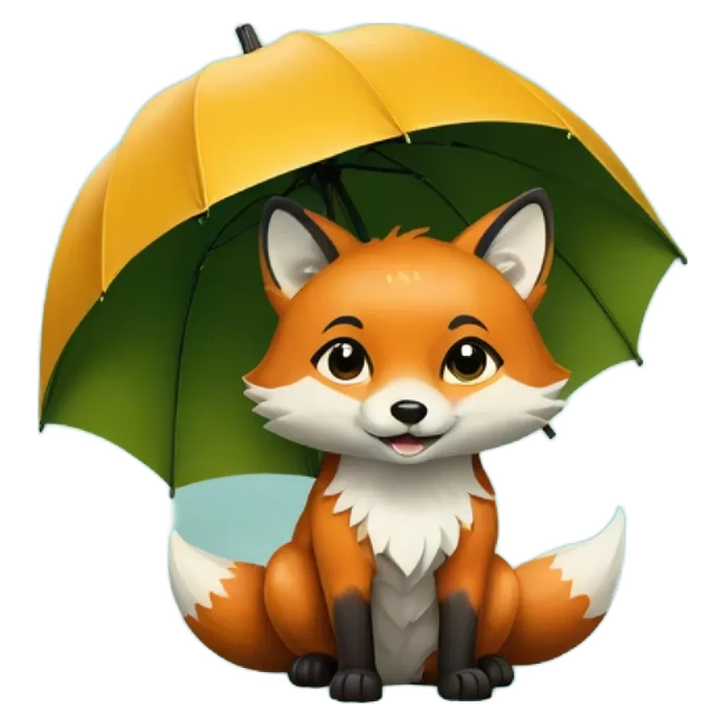 A cartoon image of a fox sitting in front of a green umbrella.