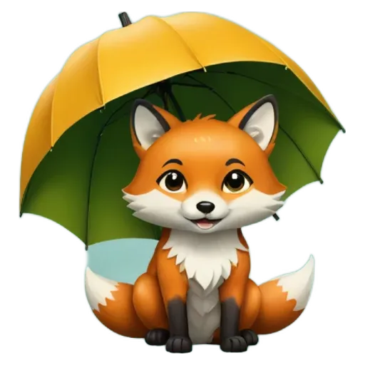 A cartoon image of a fox sitting in front of a green umbrella.