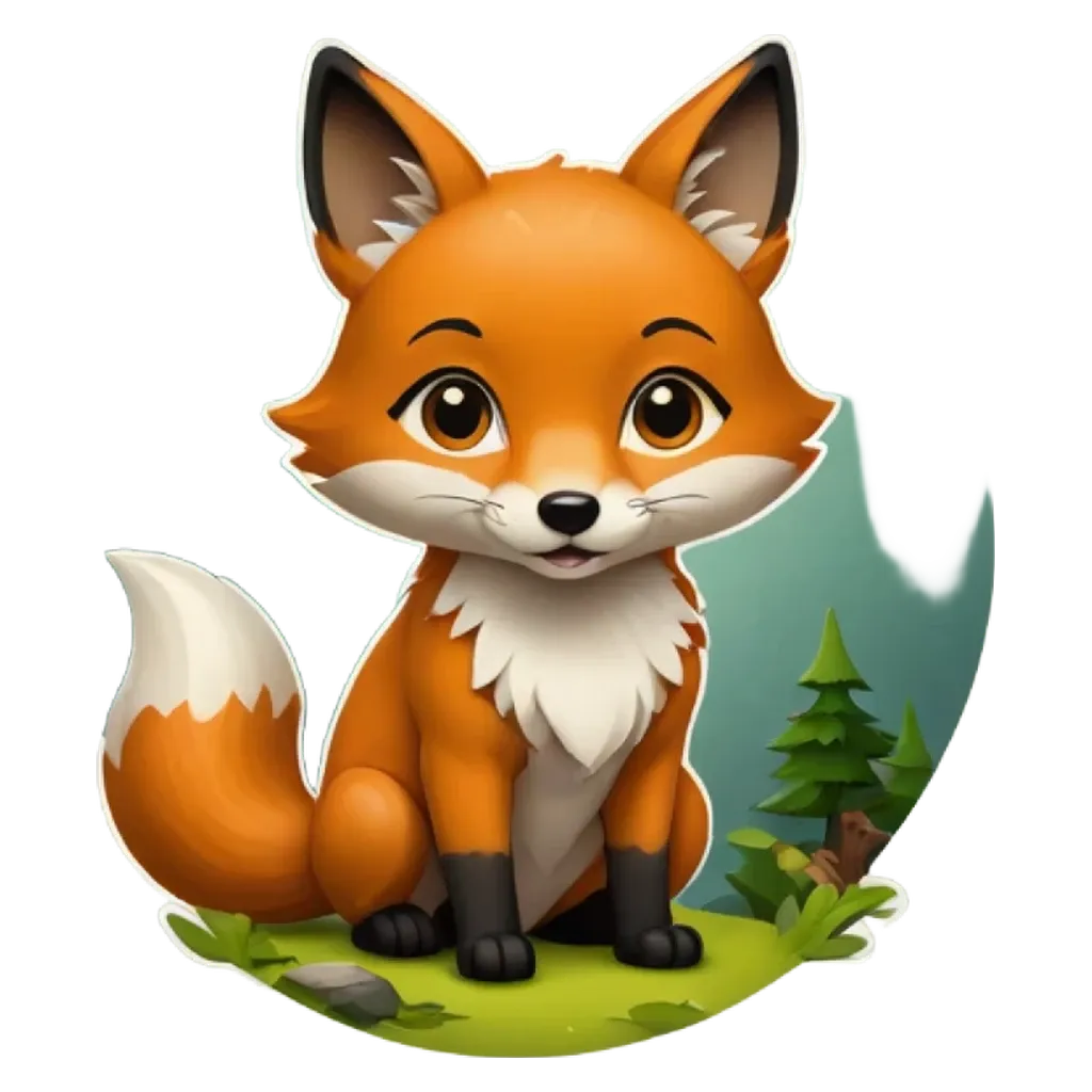 A cartoon image of a fox sitting on the grass.