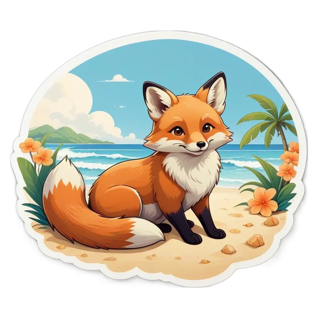 A cartoon picture of a fox in the sand with flowers.