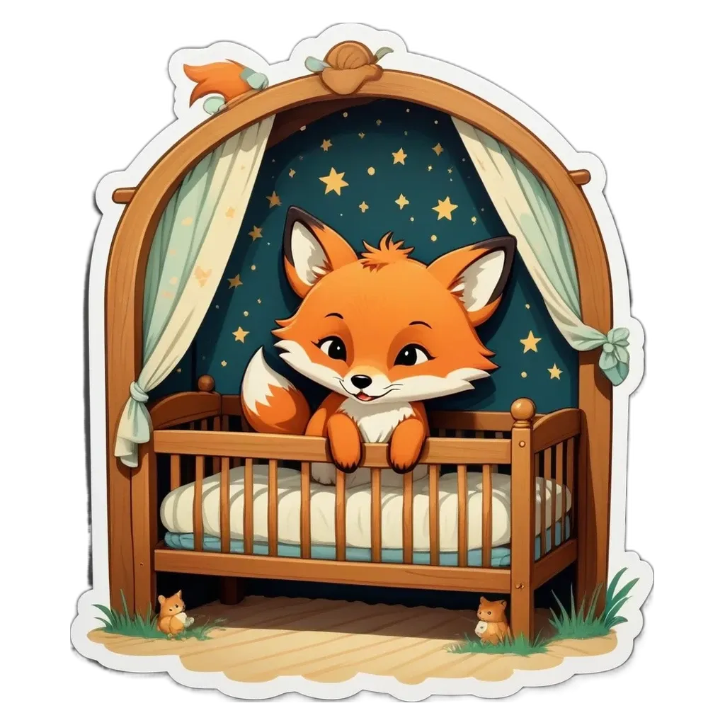 A cartoon image of a fox in a crib.