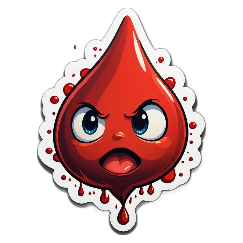 A sticker of a drop of blood with a funny expression.