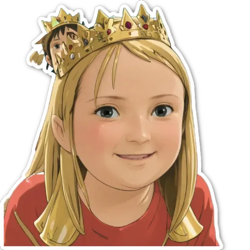 A girl with a red shirt and a crown on her head.