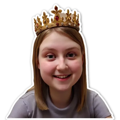 A girl is wearing a gold crown sticker.
