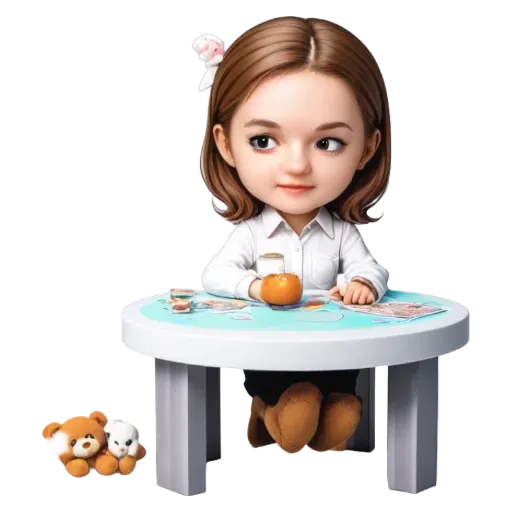 A cartoon drawing of a girl named Kayak as she sits at a table.